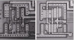 NAND門驅(qū)動(dòng)一個(gè)反向器的光學(xué)照片(包含金屬層和去掉金屬層)。